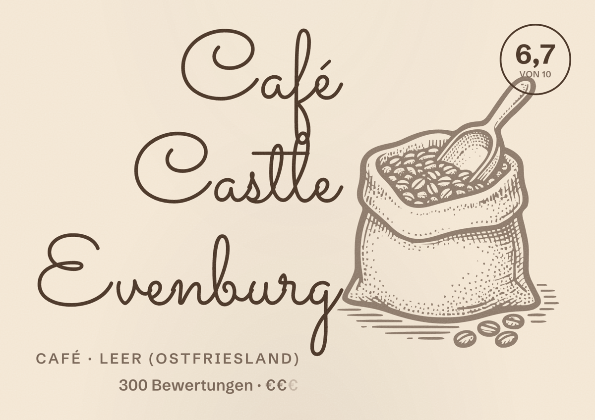 Illustriertes Poster von Café Castle Evenburg, Café in Leer (Ostfriesland): Bewertung 6,7 von 10 aus 300 Bewertungen, Preisniveau €€