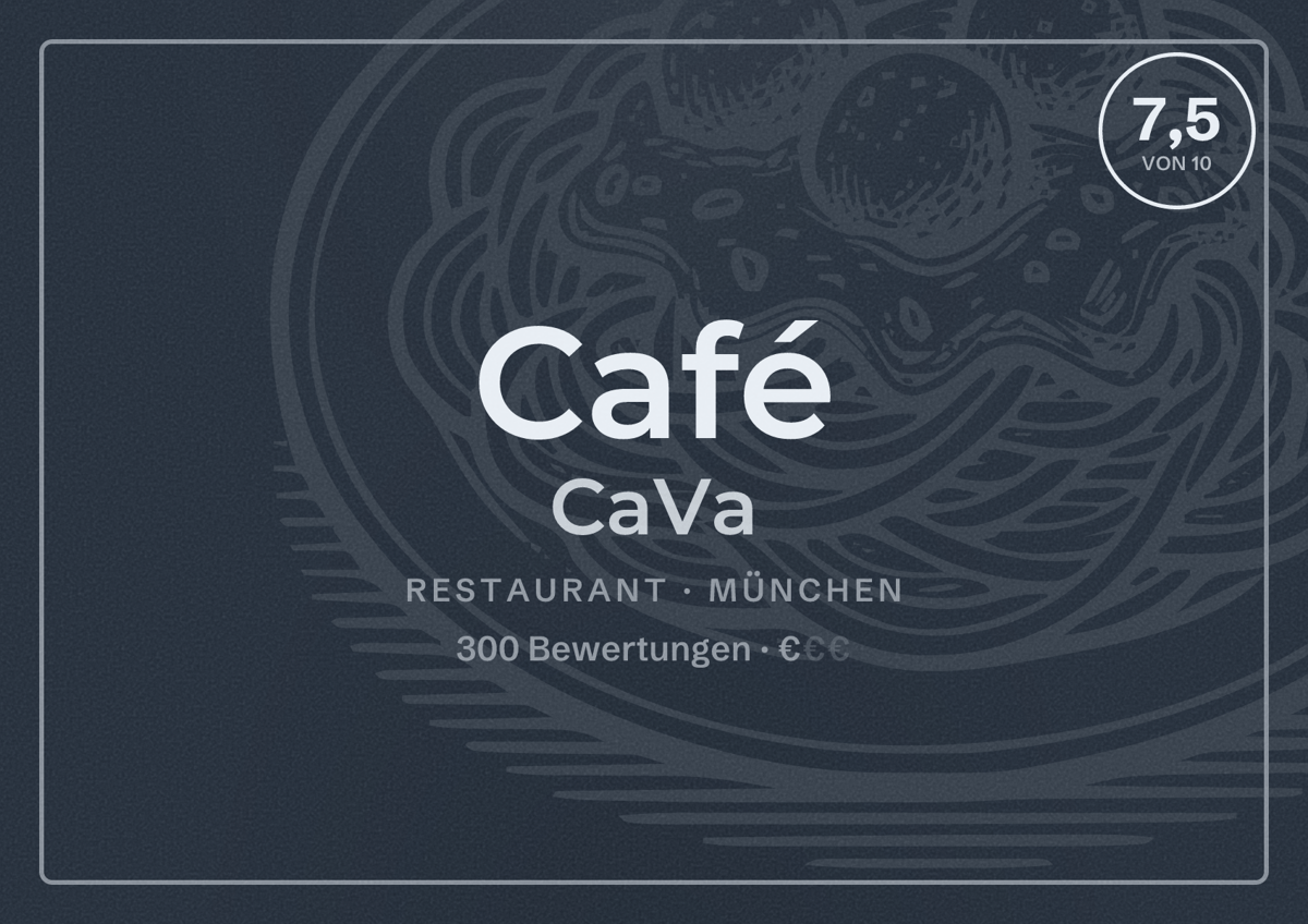 Illustriertes Poster von Café CaVa, Restaurant in München: Bewertung 7,5 von 10 aus 300 Bewertungen, Preisniveau €