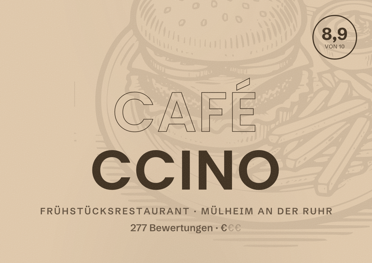 Illustriertes Poster von Café Ccino, Frühstücksrestaurant in Mülheim an der Ruhr: Bewertung 8,9 von 10 aus 277 Bewertungen, Preisniveau €