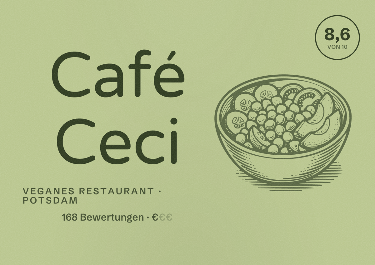 Illustriertes Poster von Café Ceci, Veganes Restaurant in Potsdam: Bewertung 8,6 von 10 aus 168 Bewertungen, Preisniveau €