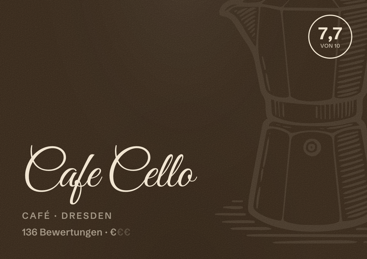Illustriertes Poster von Cafe Cello, Café in Dresden: Bewertung 7,7 von 10 aus 136 Bewertungen, Preisniveau €