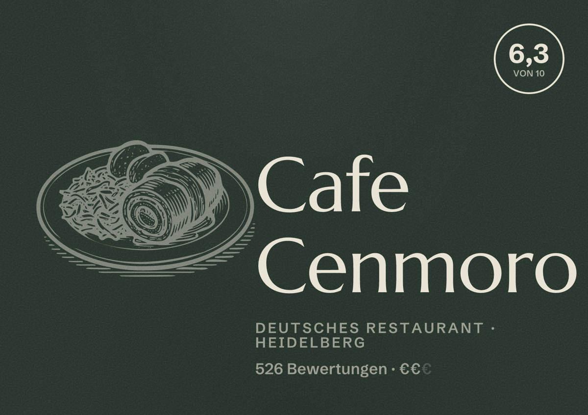 Illustriertes Poster von Cafe Cenmoro, Deutsches Restaurant in Heidelberg: Bewertung 6,3 von 10 aus 526 Bewertungen, Preisniveau €€