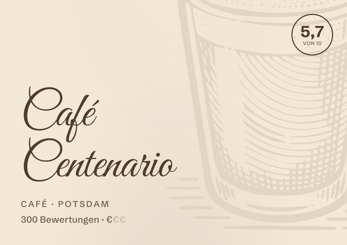 Illustriertes Poster von Café Centenario, Café in Potsdam: Bewertung 5,7 von 10 aus 300 Bewertungen, Preisniveau €