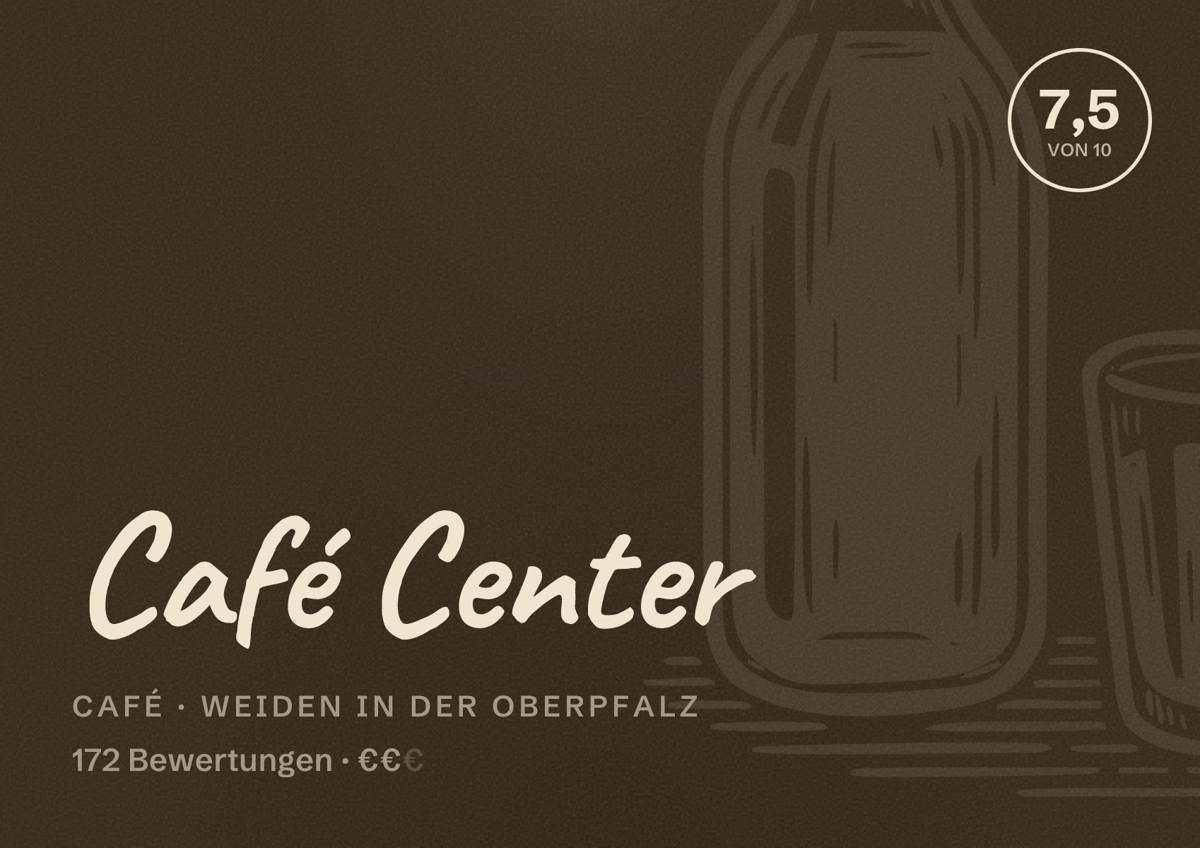 Illustriertes Poster von Café Center, Café in Weiden in der Oberpfalz: Bewertung 7,5 von 10 aus 172 Bewertungen, Preisniveau €€