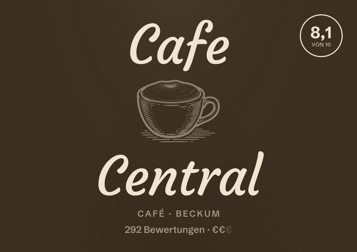 Illustriertes Poster von Cafe Central, Café in Beckum: Bewertung 8,1 von 10 aus 292 Bewertungen, Preisniveau €€