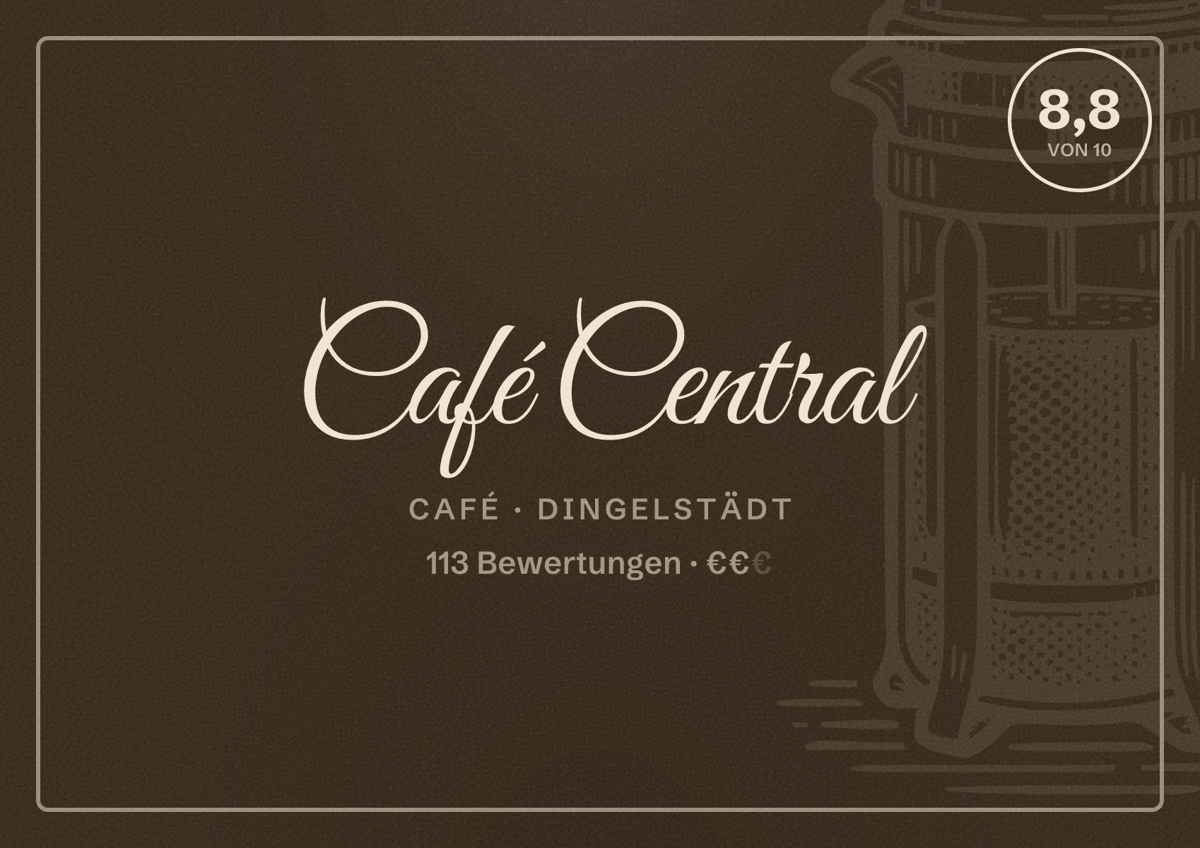 Illustriertes Poster von Café Central, Café in Dingelstädt: Bewertung 8,8 von 10 aus 113 Bewertungen, Preisniveau €€