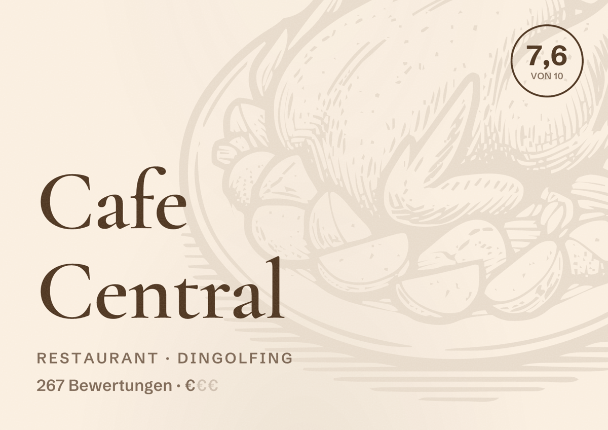 Illustriertes Poster von Cafe Central, Restaurant in Dingolfing: Bewertung 7,6 von 10 aus 267 Bewertungen, Preisniveau €