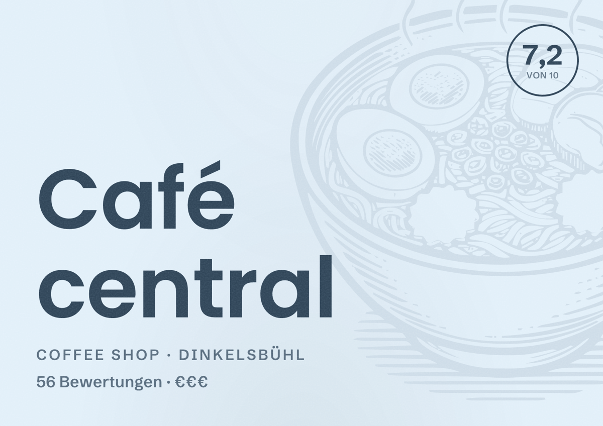 Illustriertes Poster von Café central, Coffee Shop in Dinkelsbühl: Bewertung 7,2 von 10 aus 56 Bewertungen, Preisniveau €€€