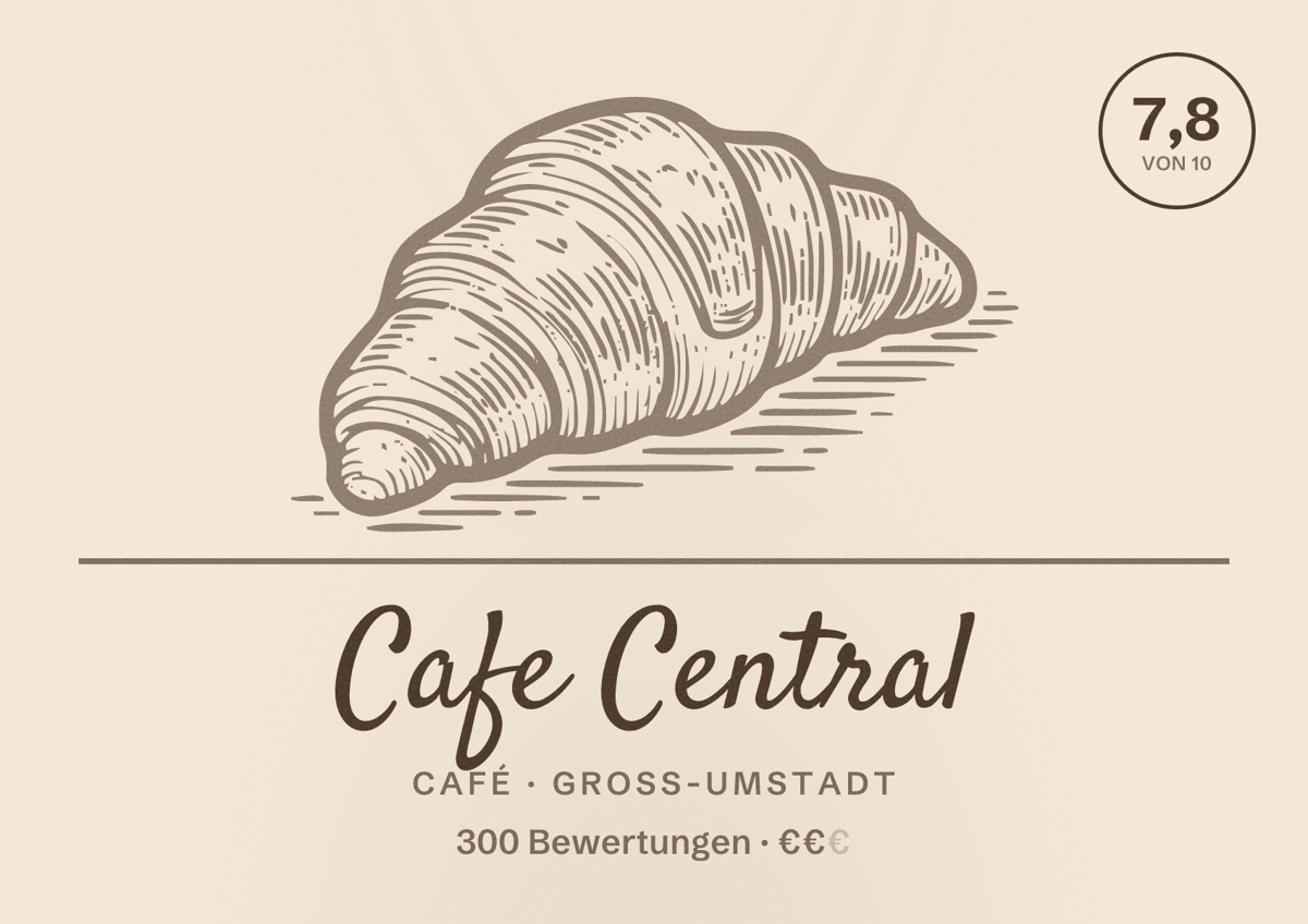 Illustriertes Poster von Cafe Central, Café in Groß-Umstadt: Bewertung 7,8 von 10 aus 300 Bewertungen, Preisniveau €€
