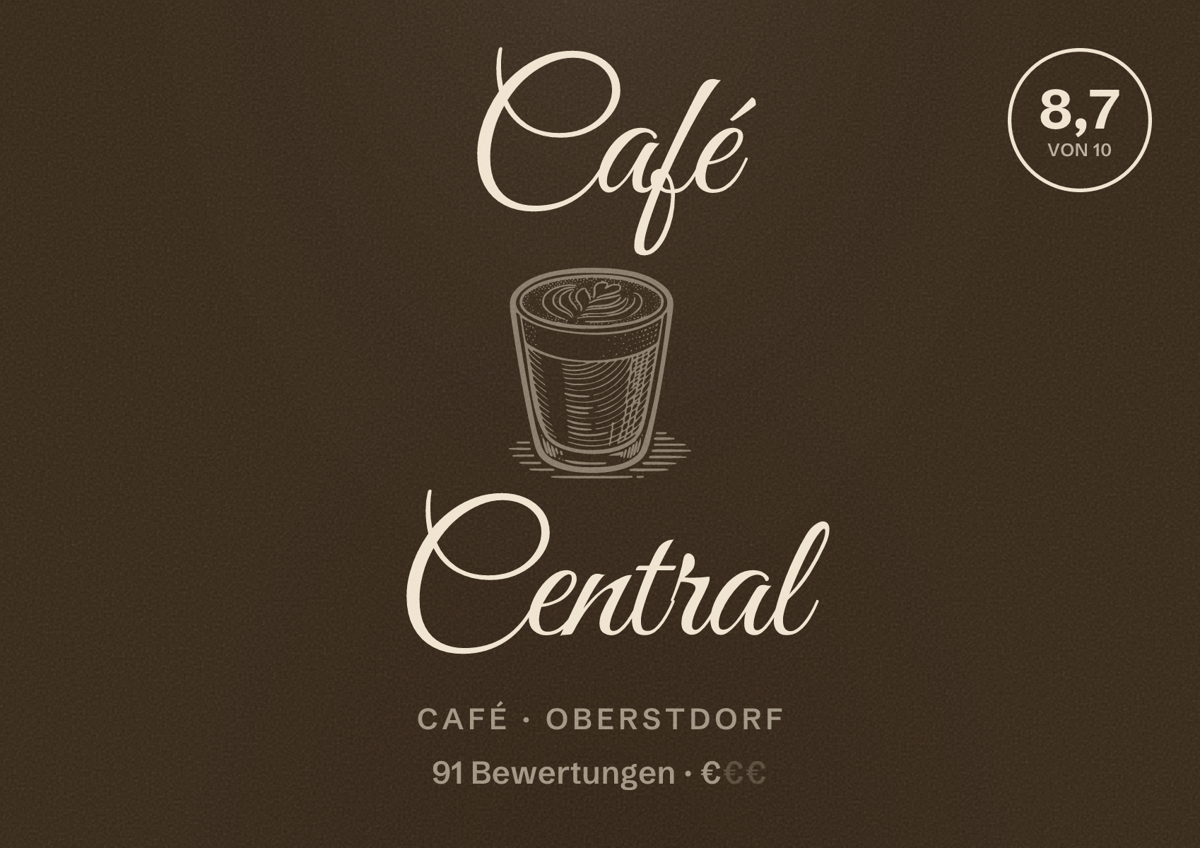 Illustriertes Poster von Café Central, Café in Oberstdorf: Bewertung 8,7 von 10 aus 91 Bewertungen, Preisniveau €