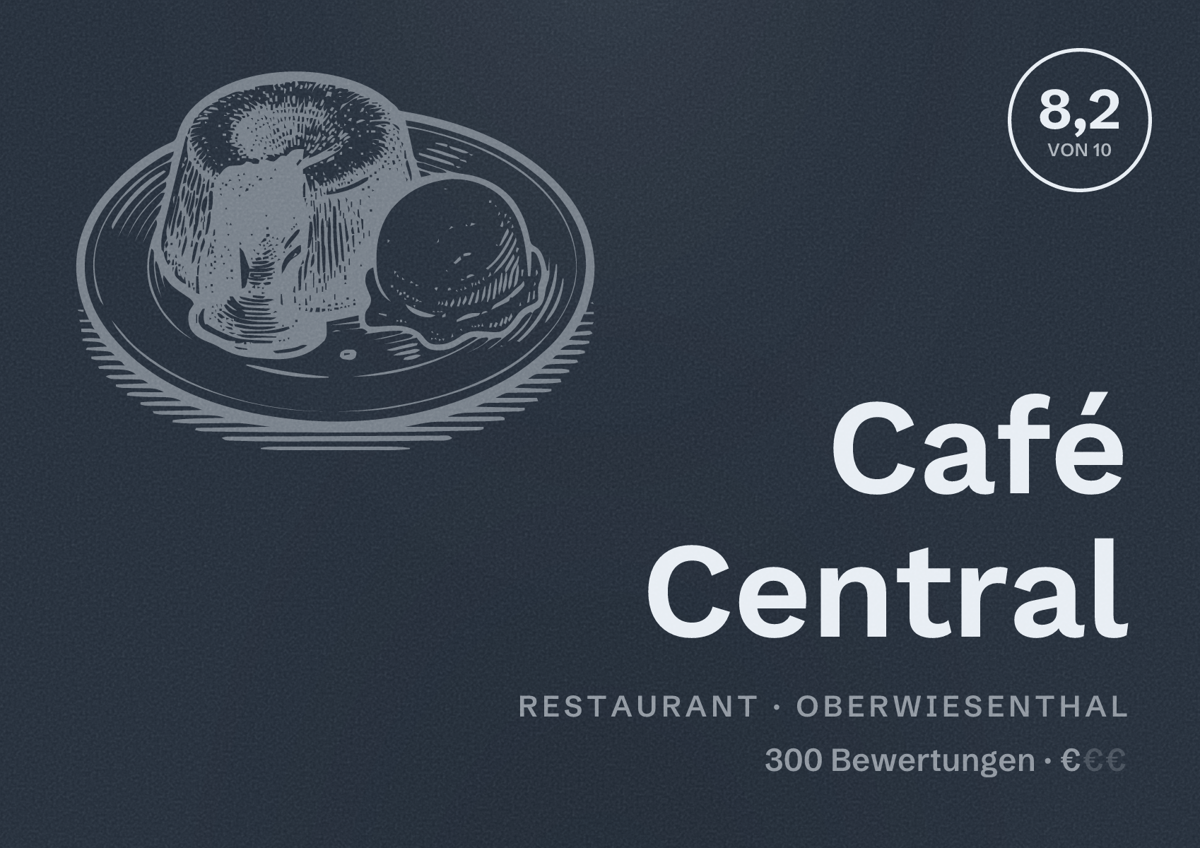 Illustriertes Poster von Café Central, Restaurant in Oberwiesenthal: Bewertung 8,2 von 10 aus 300 Bewertungen, Preisniveau €