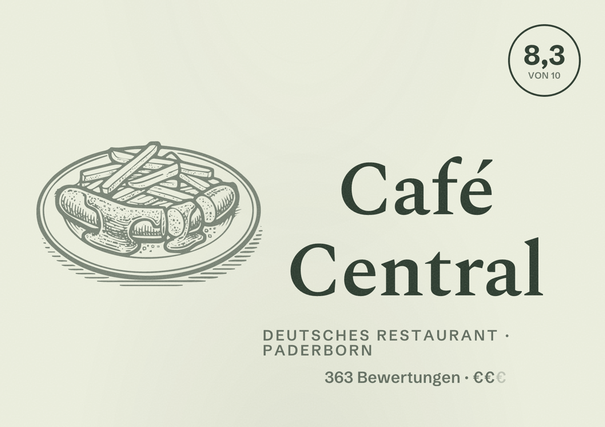 Illustriertes Poster von Café Central, Deutsches Restaurant in Paderborn: Bewertung 8,3 von 10 aus 363 Bewertungen, Preisniveau €€