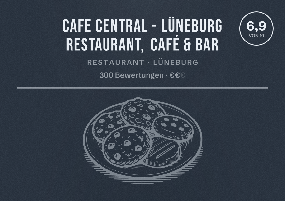 Illustriertes Poster von Cafe CENTRAL - Lüneburg Restaurant, Café & Bar, Restaurant in Lüneburg: Bewertung 6,9 von 10 aus 300 Bewertungen, Preisniveau €€
