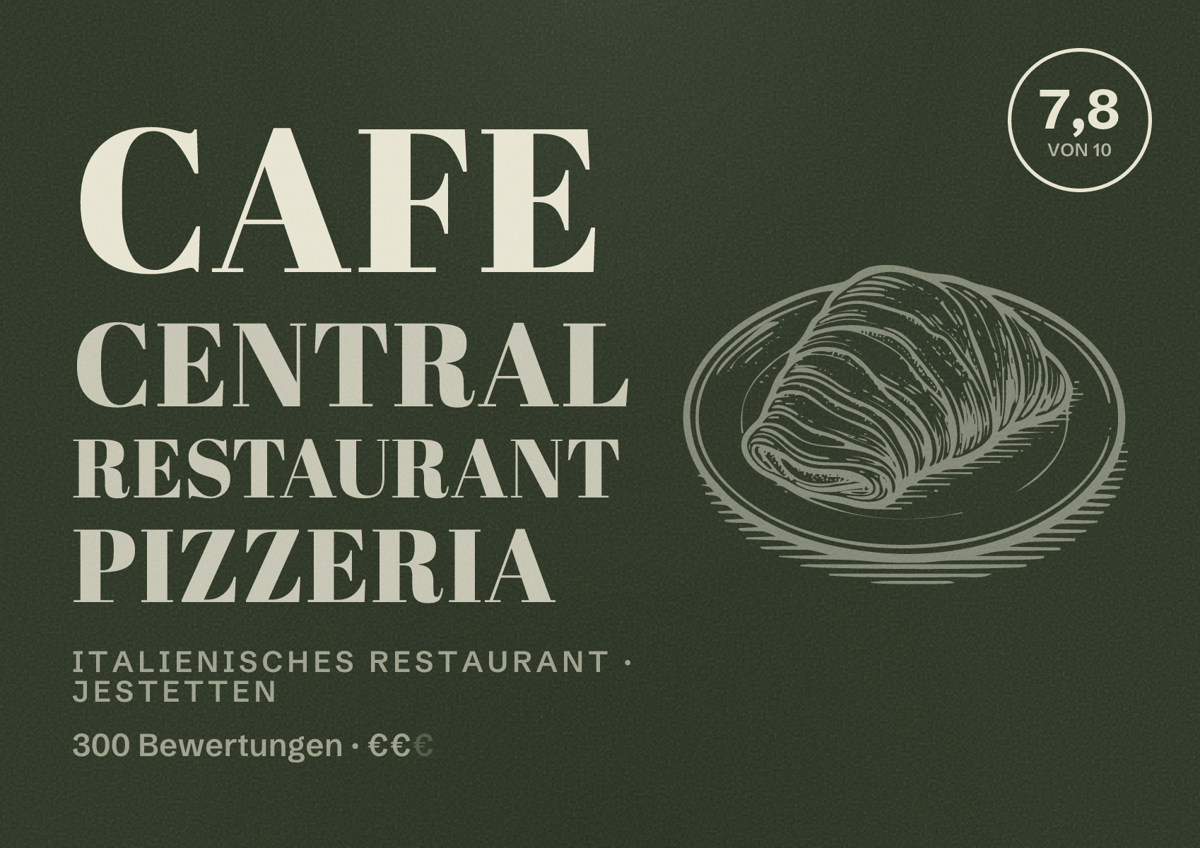 Illustriertes Poster von Cafe Central Restaurant Pizzeria, Italienisches Restaurant in Jestetten: Bewertung 7,8 von 10 aus 300 Bewertungen, Preisniveau €€
