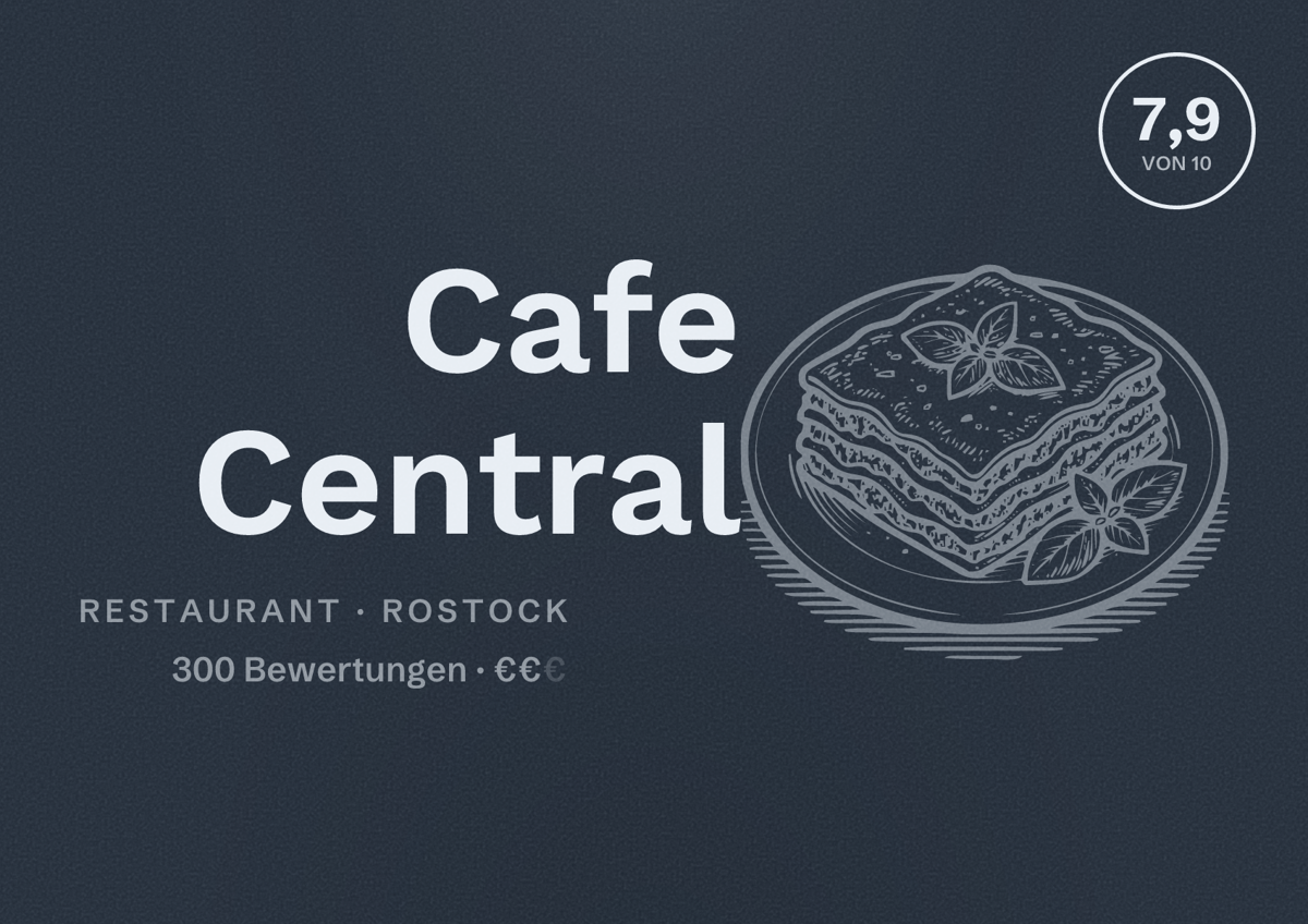 Illustriertes Poster von Cafe Central, Restaurant in Rostock: Bewertung 7,9 von 10 aus 300 Bewertungen, Preisniveau €€