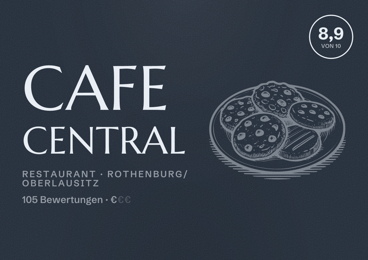 Illustriertes Poster von Cafe Central, Restaurant in Rothenburg/Oberlausitz: Bewertung 8,9 von 10 aus 105 Bewertungen, Preisniveau €