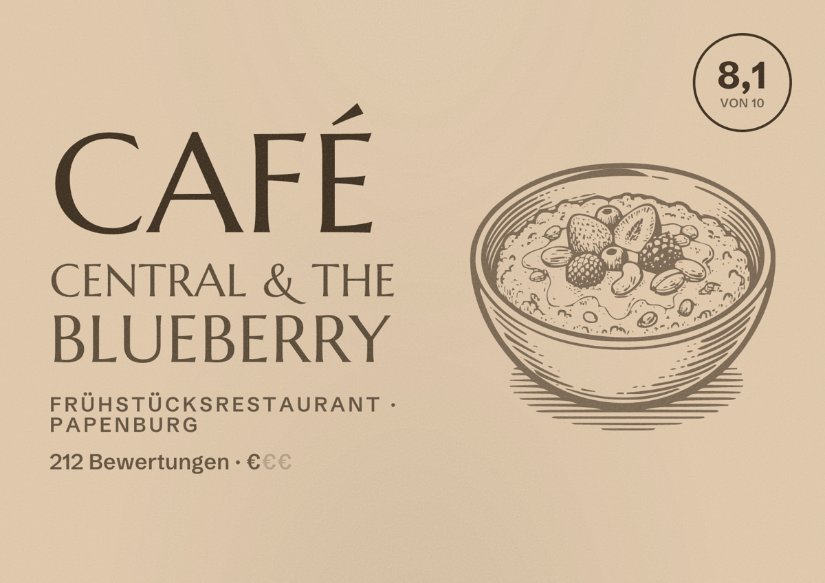 Illustriertes Poster von Café Central & The Blueberry, Frühstücksrestaurant in Papenburg: Bewertung 8,1 von 10 aus 212 Bewertungen, Preisniveau €
