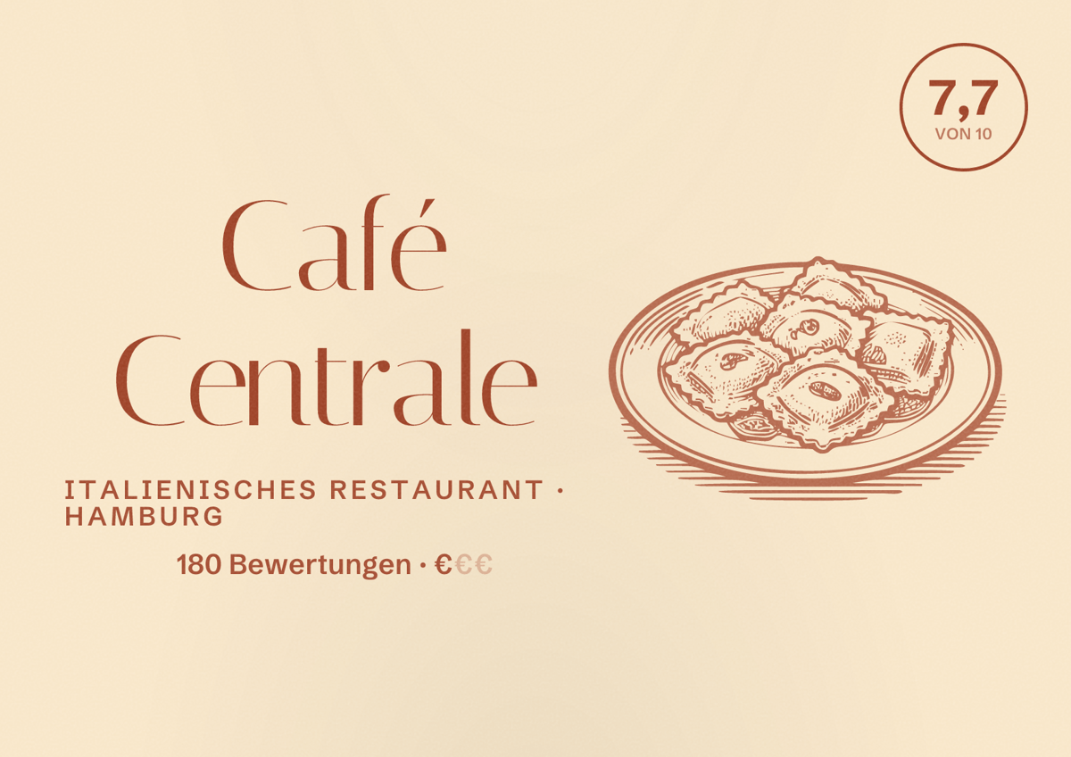 Illustriertes Poster von Café Centrale, Italienisches Restaurant in Hamburg: Bewertung 7,7 von 10 aus 180 Bewertungen, Preisniveau €