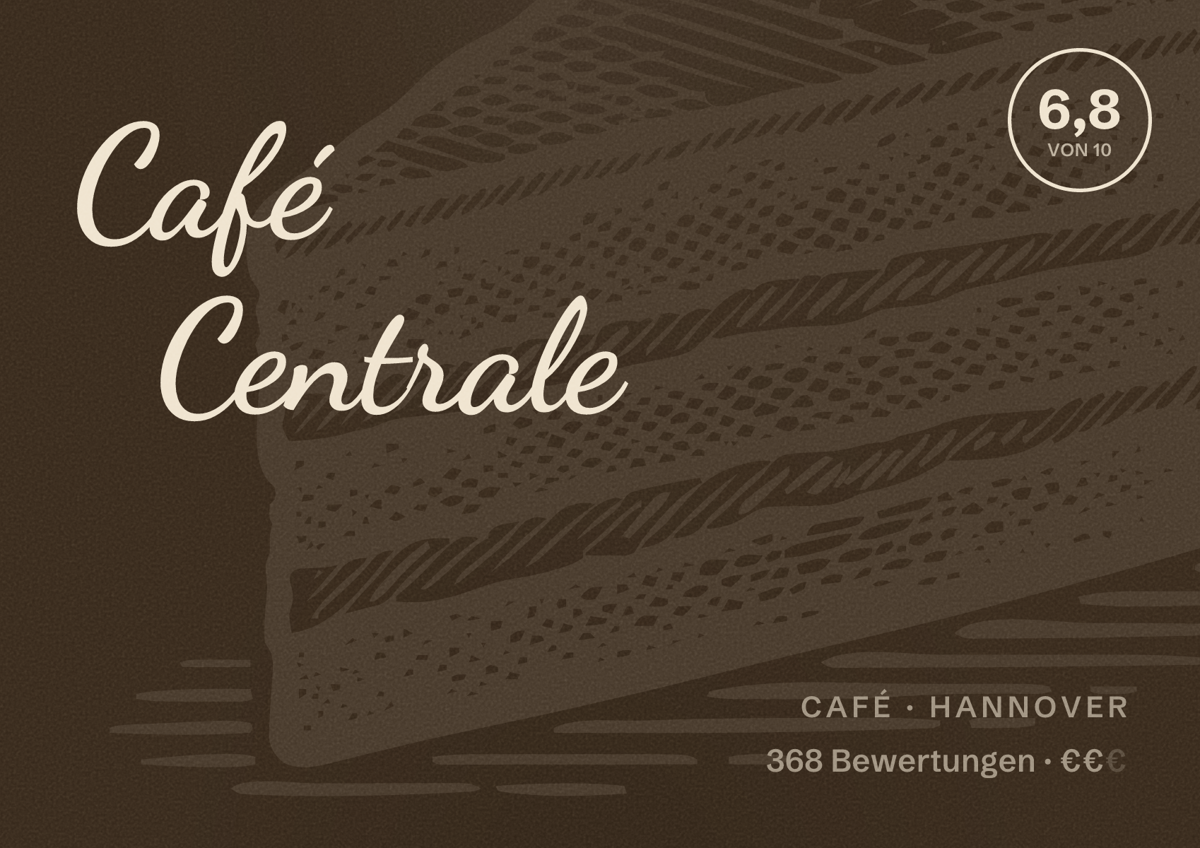 Illustriertes Poster von Café Centrale, Café in Hannover: Bewertung 6,8 von 10 aus 368 Bewertungen, Preisniveau €€
