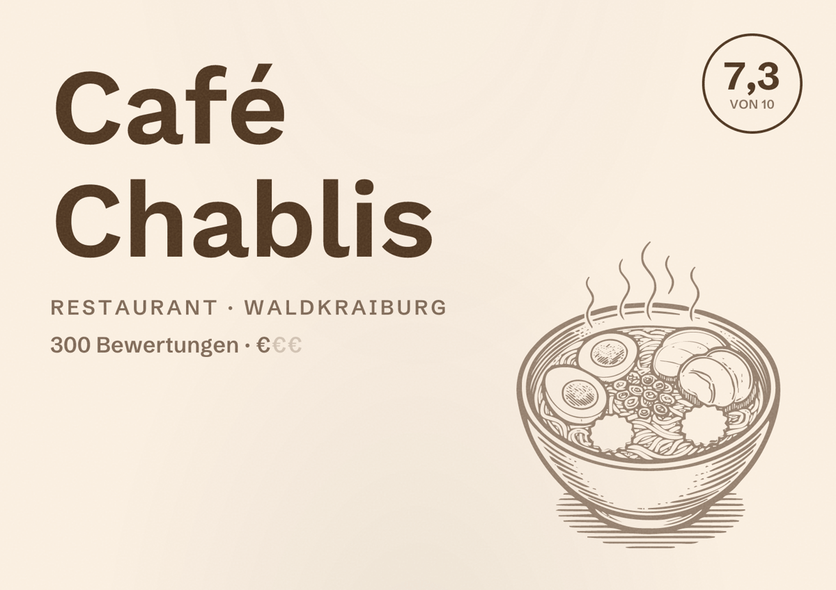 Illustriertes Poster von Café Chablis, Restaurant in Waldkraiburg: Bewertung 7,3 von 10 aus 300 Bewertungen, Preisniveau €