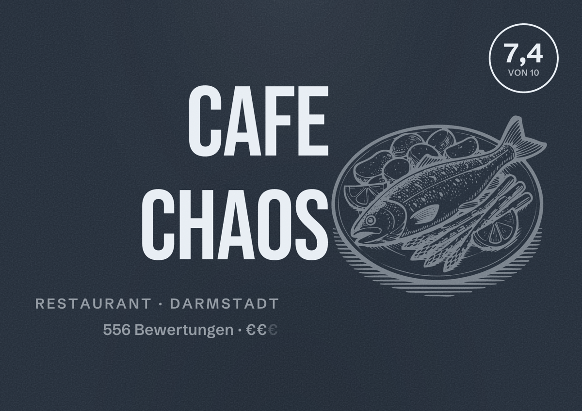 Illustriertes Poster von Cafe Chaos, Restaurant in Darmstadt: Bewertung 7,4 von 10 aus 556 Bewertungen, Preisniveau €€