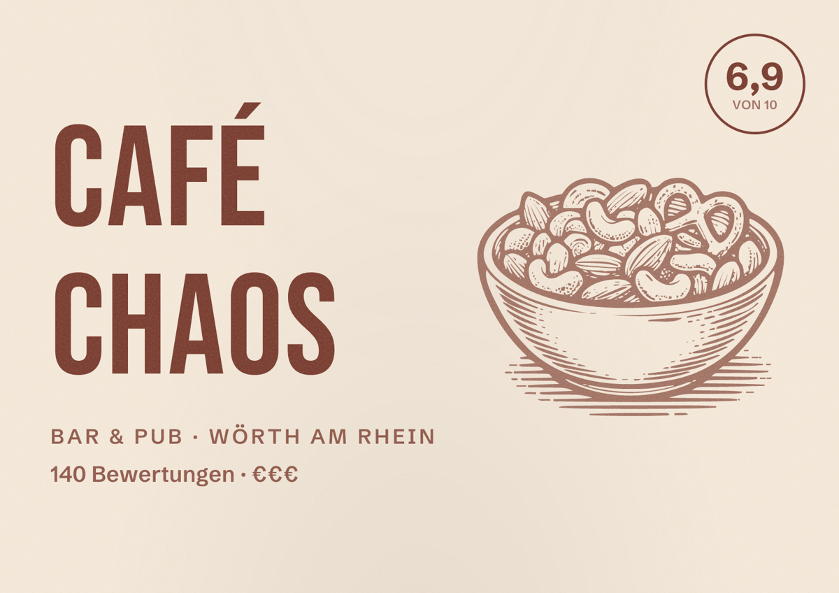 Illustriertes Poster von Café Chaos, Bar & Pub in Wörth am Rhein: Bewertung 6,9 von 10 aus 140 Bewertungen, Preisniveau €€€