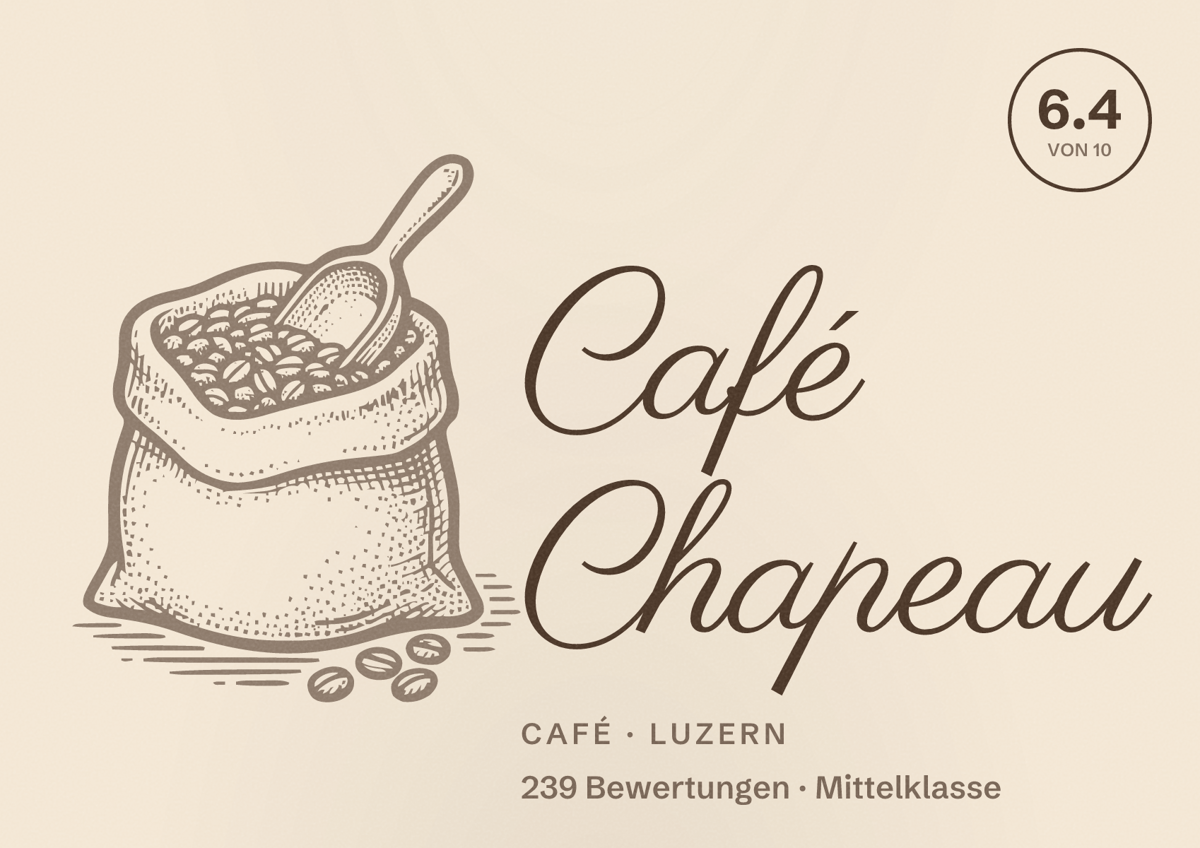 Illustriertes Poster von Café Chapeau, Café in Luzern: Bewertung 6.4 von 10 aus 239 Bewertungen, Preisniveau Mittelklasse