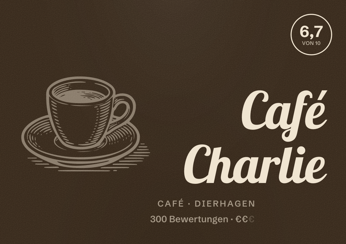 Illustriertes Poster von Café Charlie, Café in Dierhagen: Bewertung 6,7 von 10 aus 300 Bewertungen, Preisniveau €€