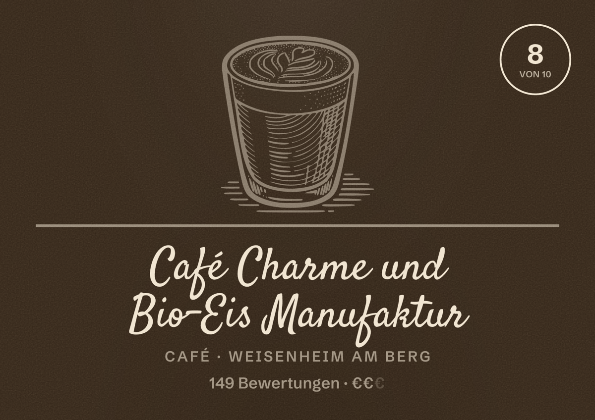 Illustriertes Poster von Café Charme und Bio-Eis Manufaktur, Café in Weisenheim am Berg: Bewertung 8 von 10 aus 149 Bewertungen, Preisniveau €€