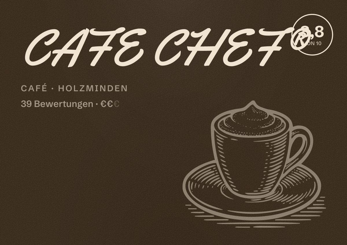 Illustriertes Poster von CAFE CHEF®, Café in Holzminden: Bewertung 8,8 von 10 aus 39 Bewertungen, Preisniveau €€