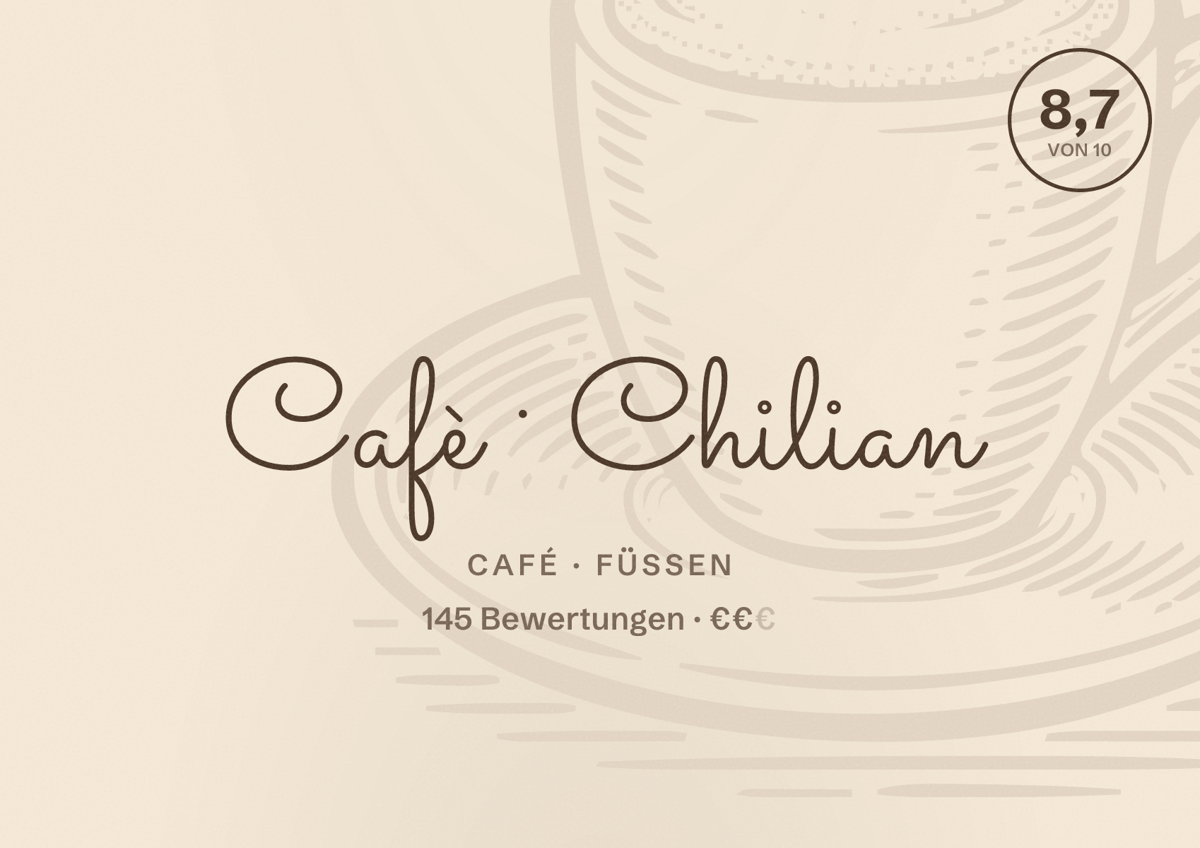 Illustriertes Poster von Cafè Chilian, Café in Füssen: Bewertung 8,7 von 10 aus 145 Bewertungen, Preisniveau €€
