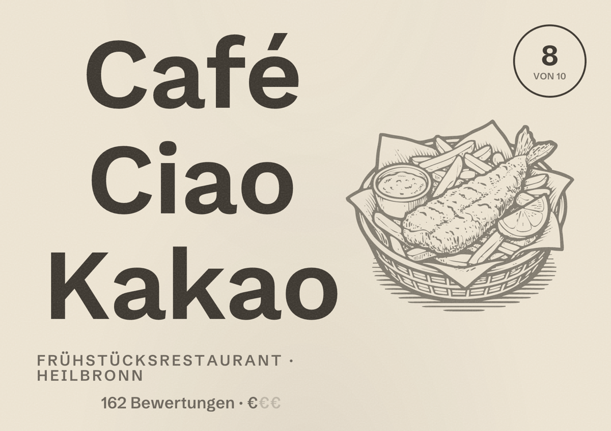 Illustriertes Poster von Café Ciao Kakao, Frühstücksrestaurant in Heilbronn: Bewertung 8 von 10 aus 162 Bewertungen, Preisniveau €