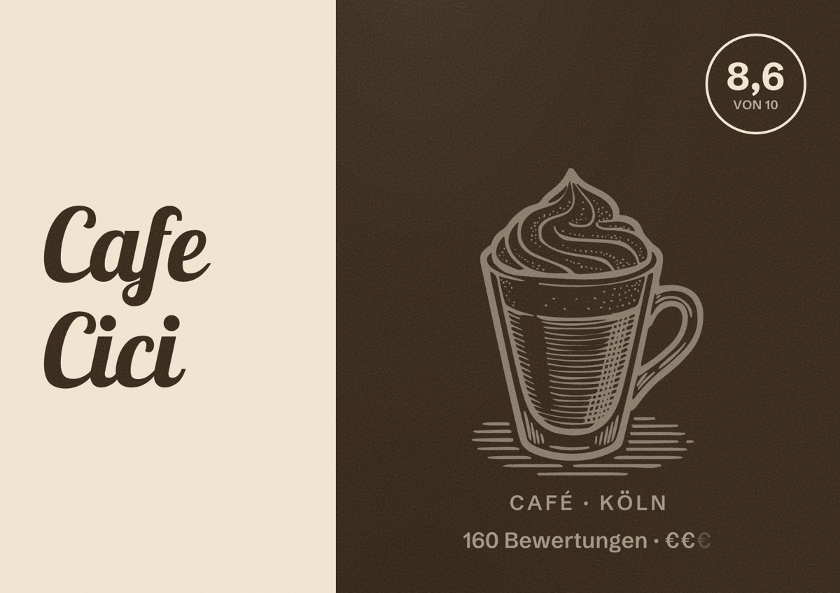 Illustriertes Poster von Cafe Cici, Café in Köln: Bewertung 8,6 von 10 aus 160 Bewertungen, Preisniveau €€