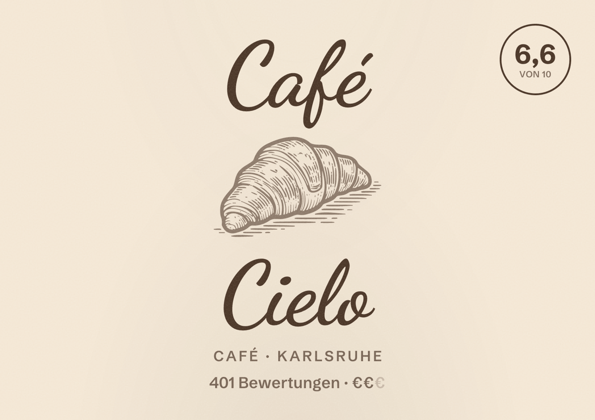 Illustriertes Poster von Café Cielo, Café in Karlsruhe: Bewertung 6,6 von 10 aus 401 Bewertungen, Preisniveau €€