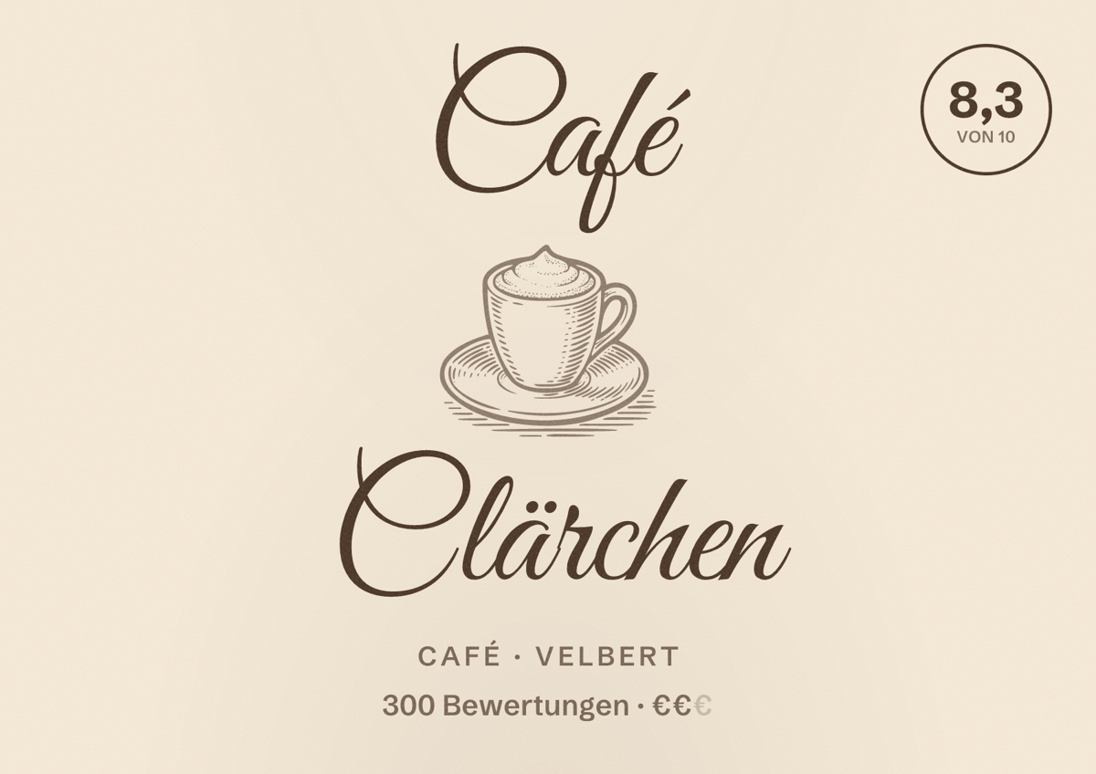 Illustriertes Poster von Café Clärchen, Café in Velbert: Bewertung 8,3 von 10 aus 300 Bewertungen, Preisniveau €€