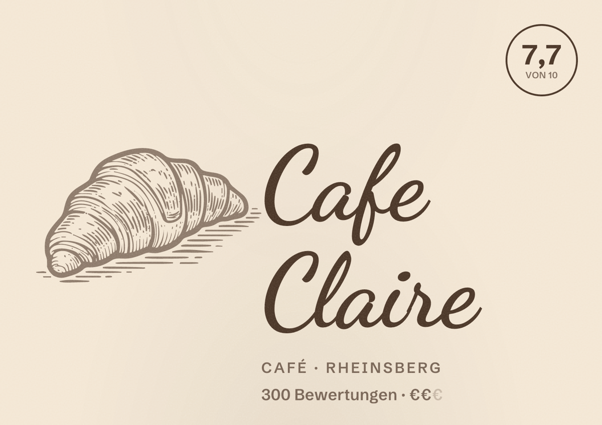 Illustriertes Poster von Cafe Claire, Café in Rheinsberg: Bewertung 7,7 von 10 aus 300 Bewertungen, Preisniveau €€