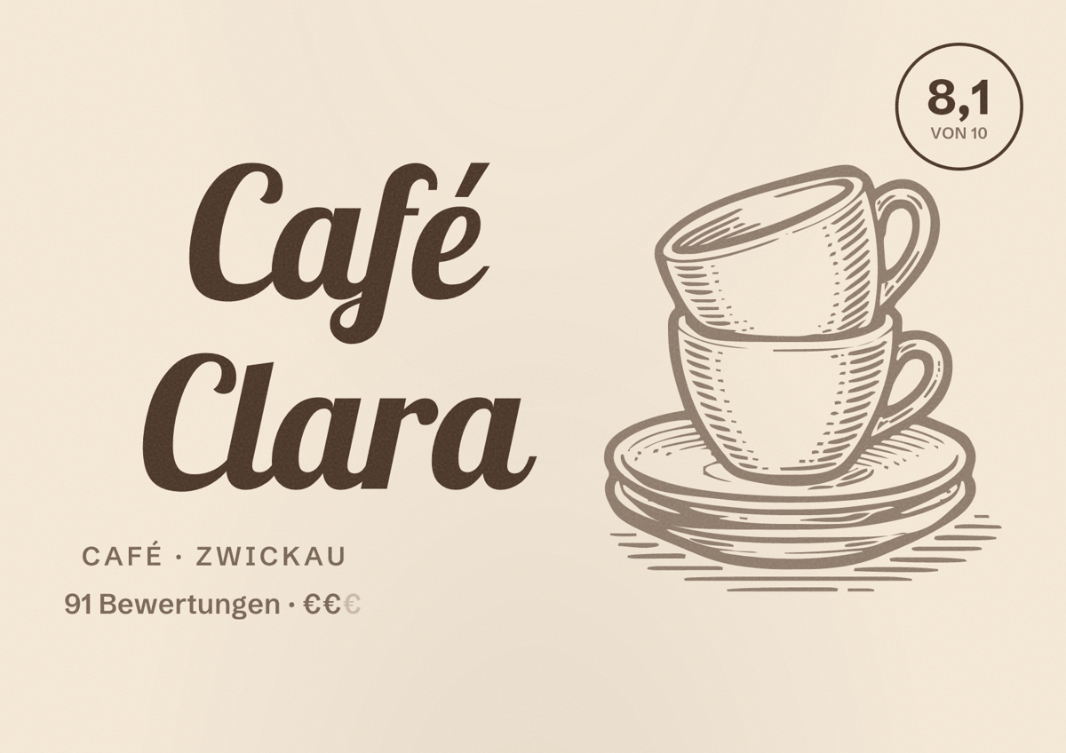 Illustriertes Poster von Café Clara, Café in Zwickau: Bewertung 8,1 von 10 aus 91 Bewertungen, Preisniveau €€