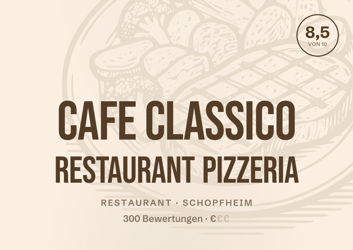 Illustriertes Poster von Cafe Classico Restaurant Pizzeria, Restaurant in Schopfheim: Bewertung 8,5 von 10 aus 300 Bewertungen, Preisniveau €