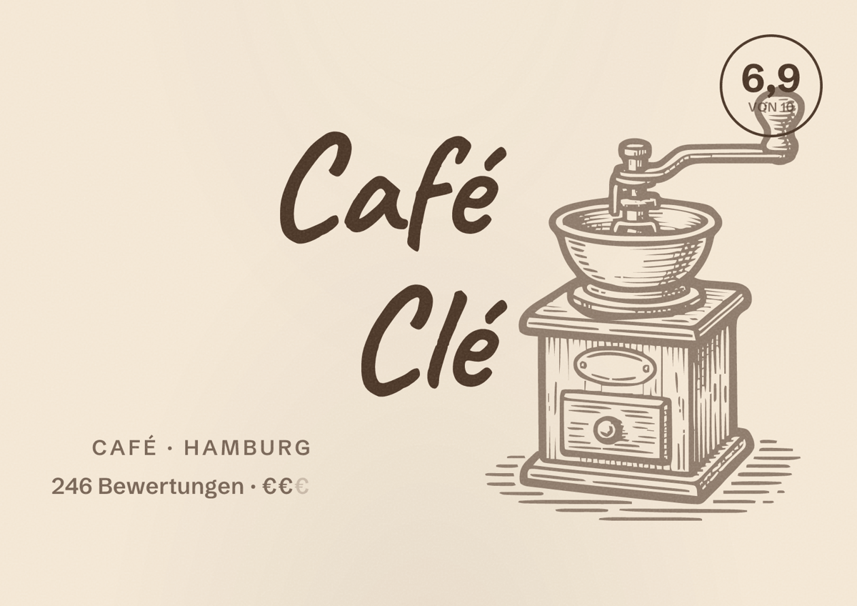 Illustriertes Poster von Café Clé, Café in Hamburg: Bewertung 6,9 von 10 aus 246 Bewertungen, Preisniveau €€