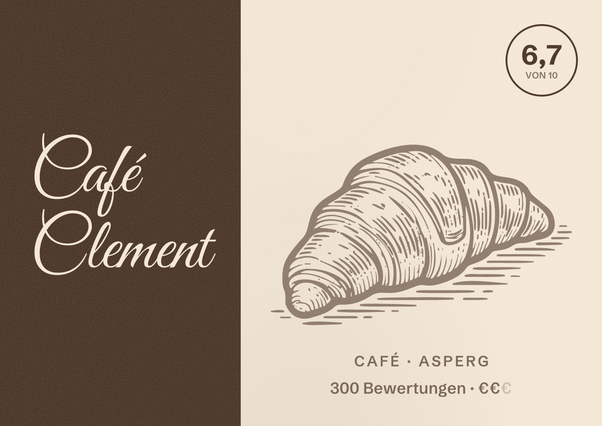 Illustriertes Poster von Café Clement, Café in Asperg: Bewertung 6,7 von 10 aus 300 Bewertungen, Preisniveau €€