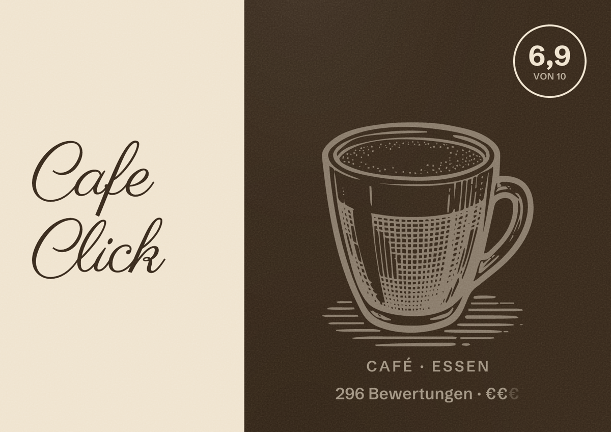 Illustriertes Poster von Cafe Click, Café in Essen: Gästebewertung 6,9 von 10 aus 296 Bewertungen