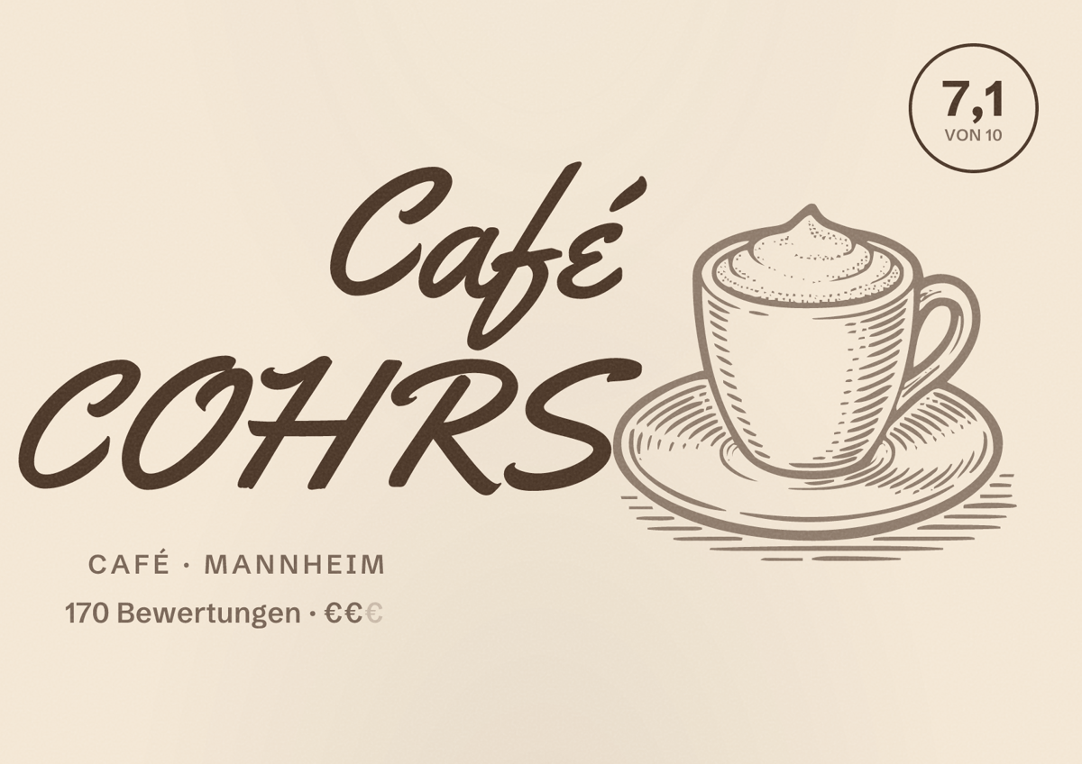 Illustriertes Poster von Café COHRS, Café in Mannheim: Bewertung 7,1 von 10 aus 170 Bewertungen, Preisniveau €€
