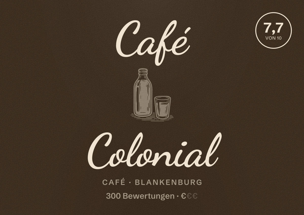 Illustriertes Poster von Café Colonial, Café in Blankenburg: Bewertung 7,7 von 10 aus 300 Bewertungen, Preisniveau €