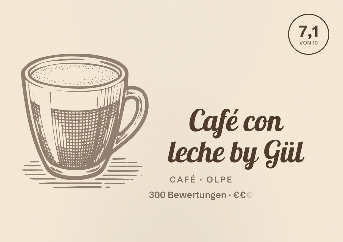 Illustriertes Poster von Café con leche by Gül, Café in Olpe: Bewertung 7,1 von 10 aus 300 Bewertungen, Preisniveau €€
