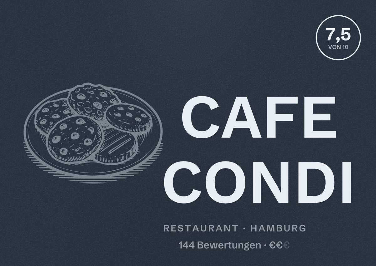 Illustriertes Poster von CAFE CONDI, Restaurant in Hamburg: Bewertung 7,5 von 10 aus 144 Bewertungen, Preisniveau €€