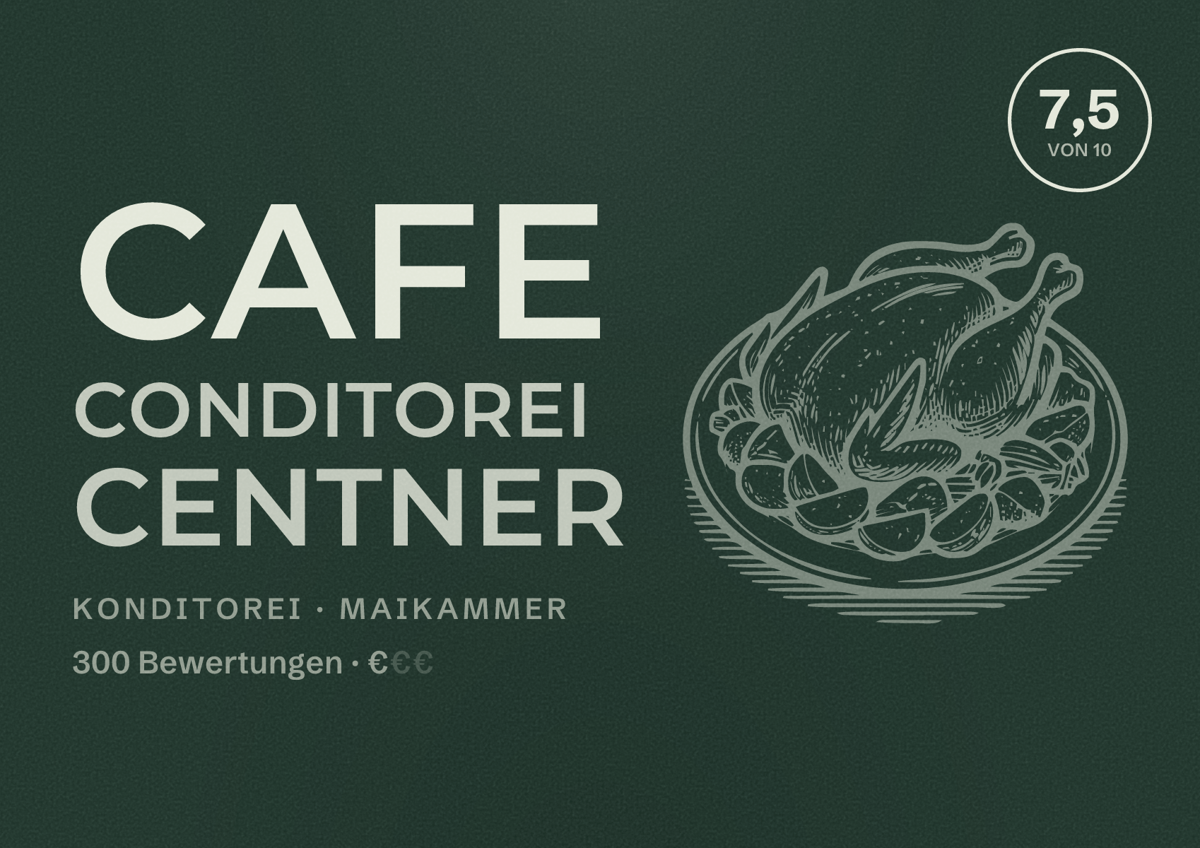 Illustriertes Poster von Cafe Conditorei Centner, Konditorei in Maikammer: Bewertung 7,5 von 10 aus 300 Bewertungen, Preisniveau €