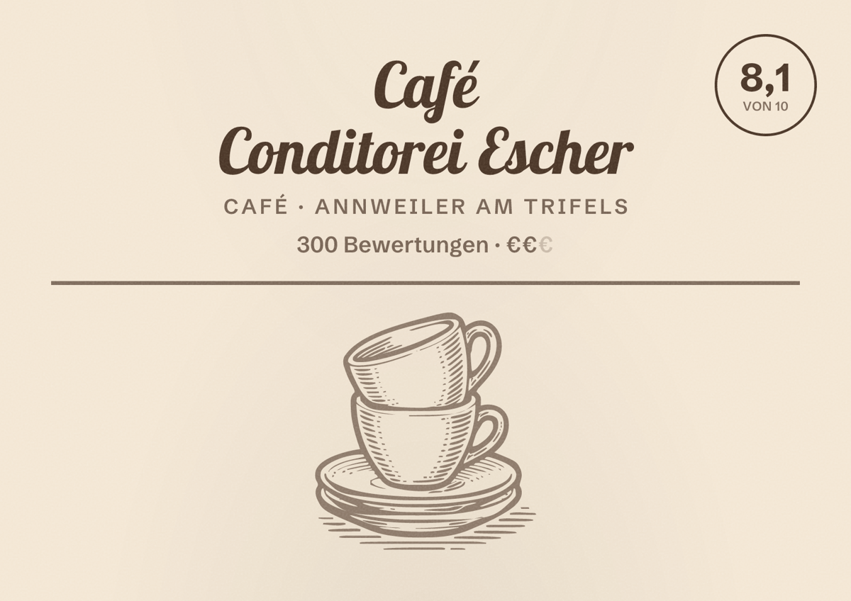 Illustriertes Poster von Café Conditorei Escher, Café in Annweiler am Trifels: Bewertung 8,1 von 10 aus 300 Bewertungen, Preisniveau €€