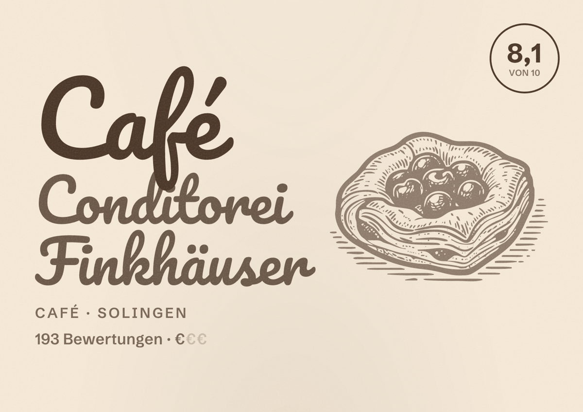 Illustriertes Poster von Café Conditorei Finkhäuser, Café in Solingen: Bewertung 8,1 von 10 aus 193 Bewertungen, Preisniveau €