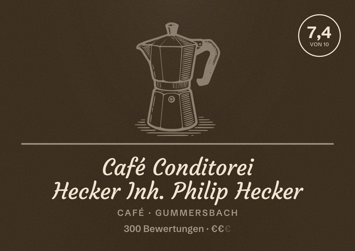 Illustriertes Poster von Café Conditorei Hecker Inh. Philip Hecker, Café in Gummersbach: Bewertung 7,4 von 10 aus 300 Bewertungen, Preisniveau €€