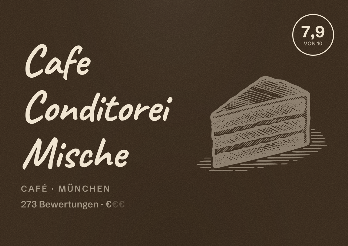 Illustriertes Poster von Cafe Conditorei Mische, Café in München: Bewertung 7,9 von 10 aus 273 Bewertungen, Preisniveau €
